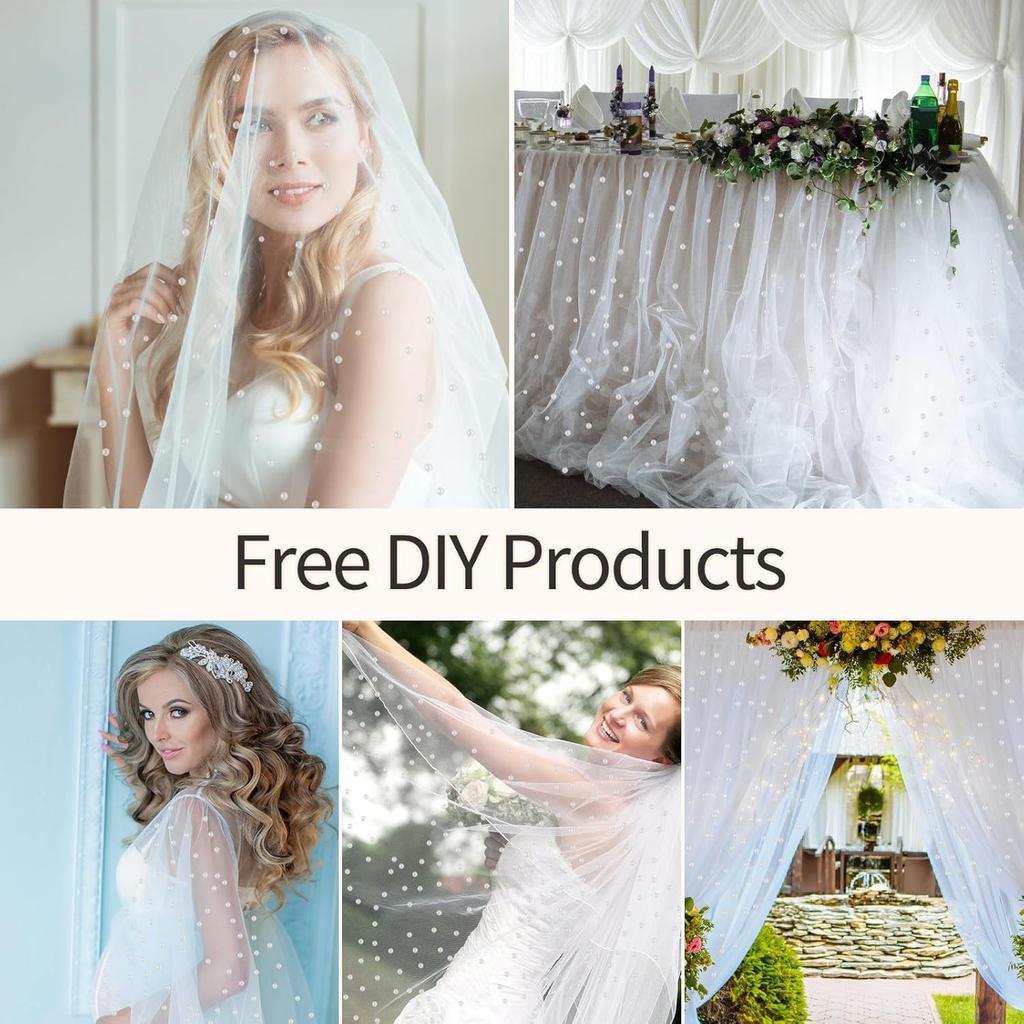 Sophproton 6 Pieces Pearl Tulle Tablecloth White Table Cloth Pearl Sheer Tulle Table Cover Wedding Veil for Wedding Arch Dessert Table Decorations