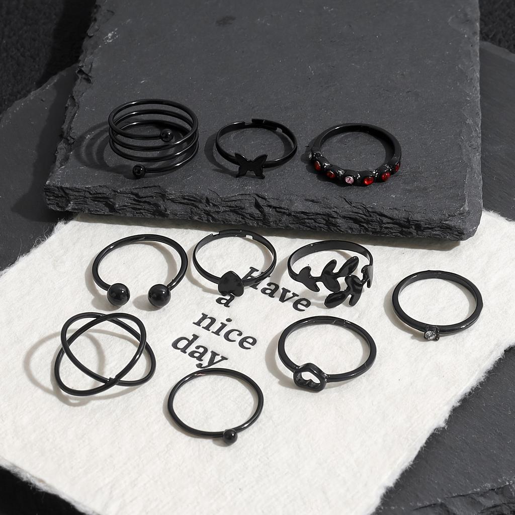 10pcs Iron Ring Multi-Layer Rhinestone Inlaid Ring Set Retro Exaggerated Multi-Layer Geometric Thin Ring Colorful Rhinestone Black Ring Set