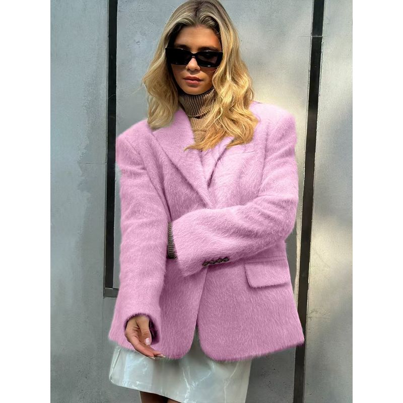 

Европейское и американское новое пальто с длинным рукавом, свободное пальто-социалит с лацканами, плюшевая верхняя одежда, модная свободная куртка Pink S