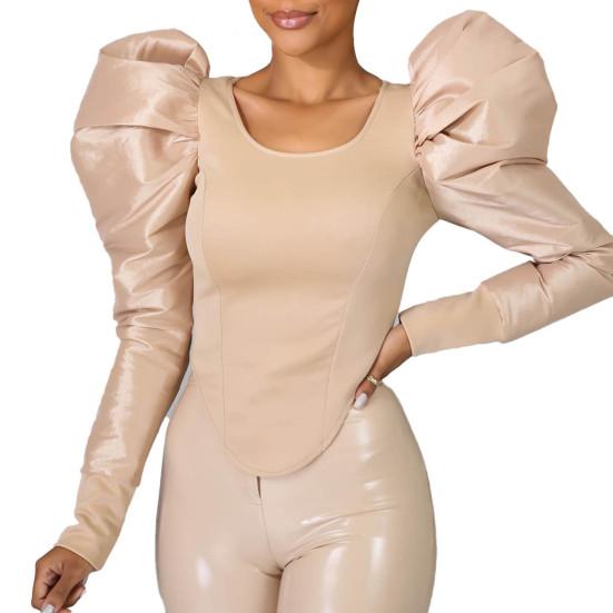 

Женская блузка повседневная пэчворк рукав-буф, женская весенне-летняя облегающая блузка для вечеринки 2XL хаки