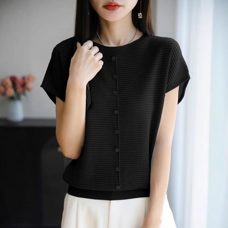 Sommar Ny Rund Hals Kortärmad Stickad Tröja T-shirt Topp och Baslager