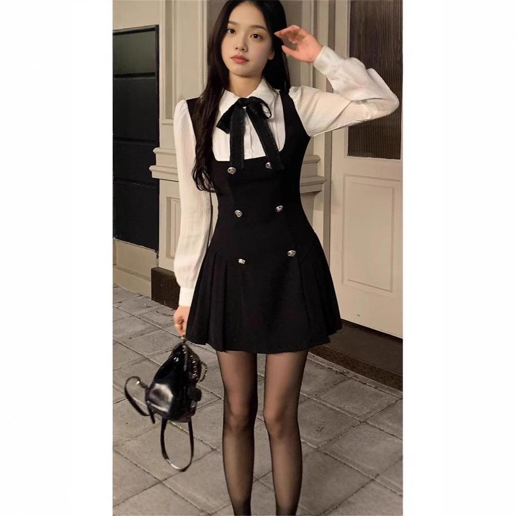 2025 New College Style Slimming French Autumn Bow Long Sleeve Two-Piece Dress