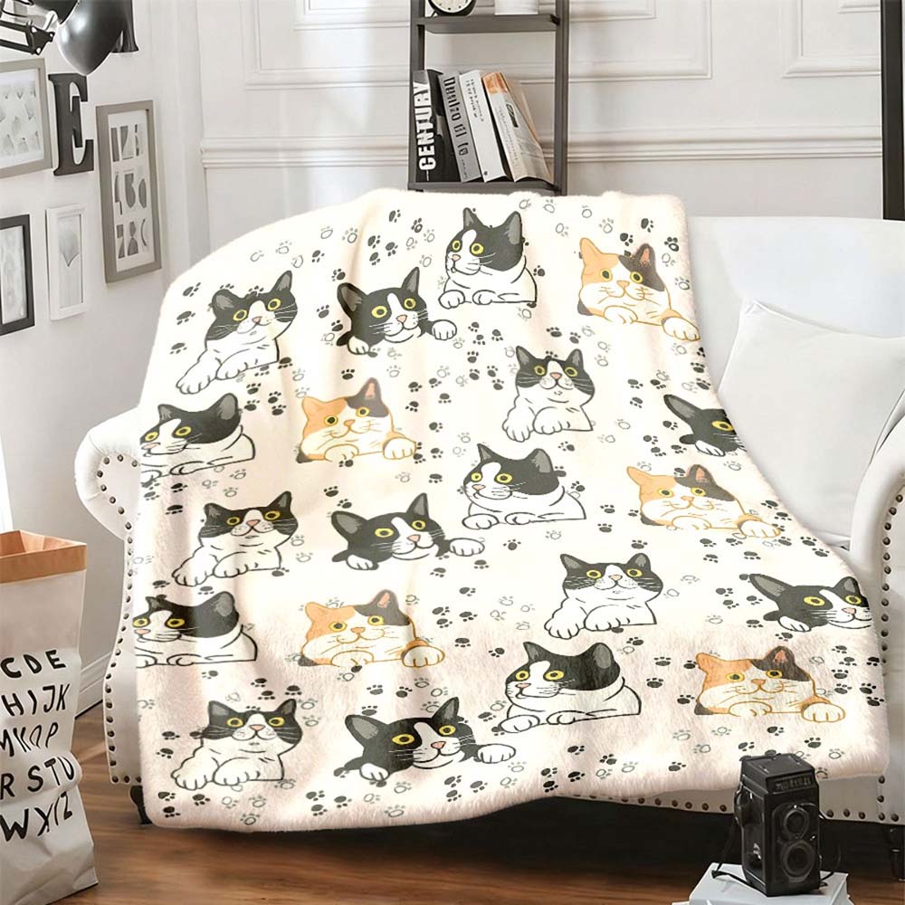 1Pc  Cute Cartoon Cats Pattern Flannel Throw Blanket Warm Soft Cozy Blanket For Home Bedroom Living Room