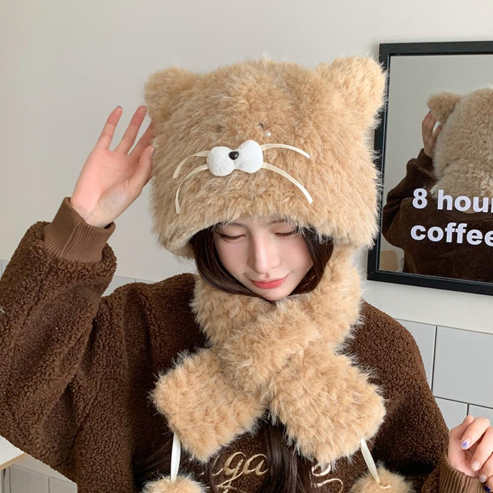Plush Cat Ears Hat Knitted Cycling Balaclava One Piece Ear Protection Hat  Winter Season