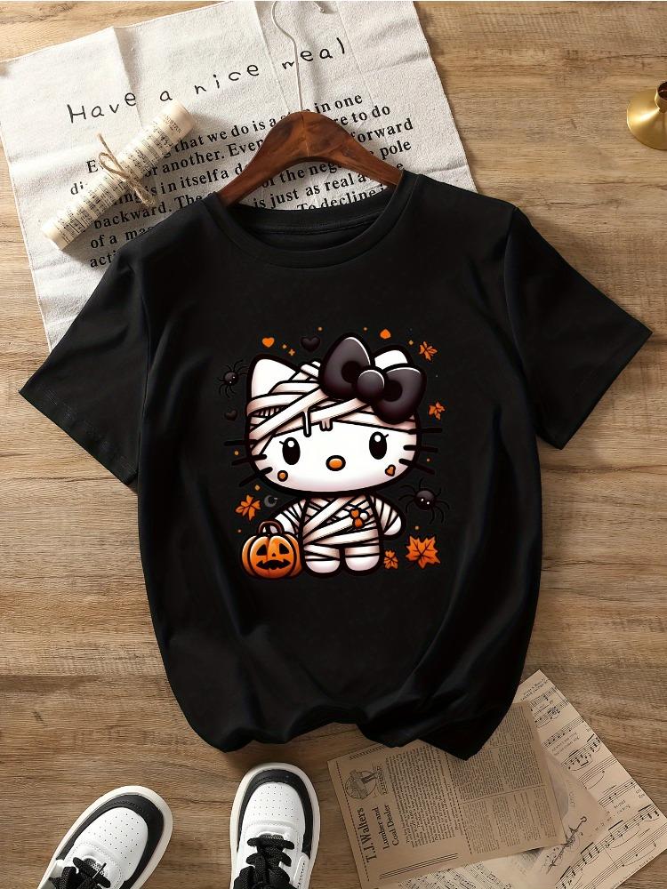 

Hello Kitty Halloween Pattern TShirt Round Neck TShirt Casual Regular Fit Suitable for All Seasons Scary Fun TShirt S
