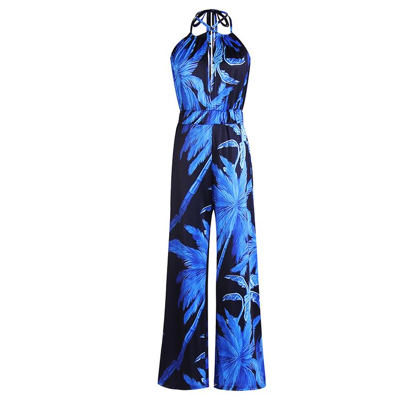 Frauen Sommer Backless Sexy Coconut Tree Print Neunte Hosen Halter Elastische Strampler Overall