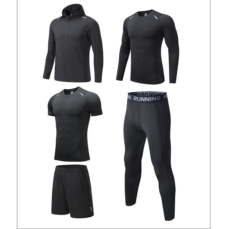 2024 Spring & Autumn Men's & Kids' 5-Piece Quick-Dry Fitness Set: Compression Shirt & Hooded Jacket for Running