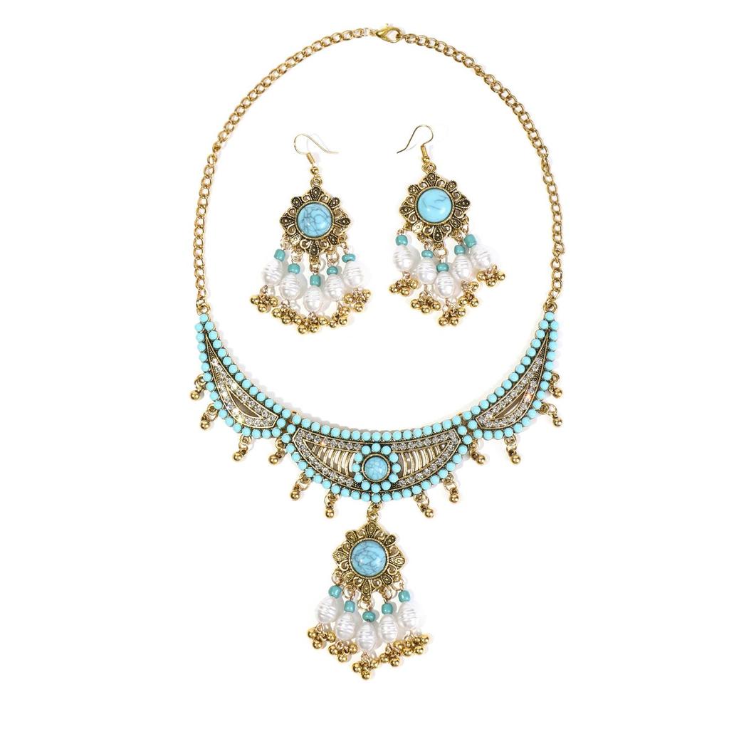 Turquoise Tassel Necklace & Earrings Retro Pearl Set