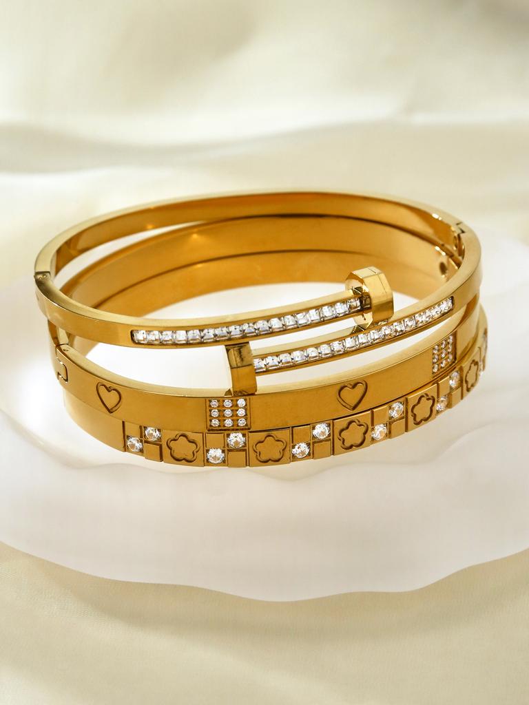 Fashion Personality Ladies Stainless Steel Five-Leaf Clover, Love Inlaid Zircon Bracelet, Double Head Inlaid Zircon Bracelet