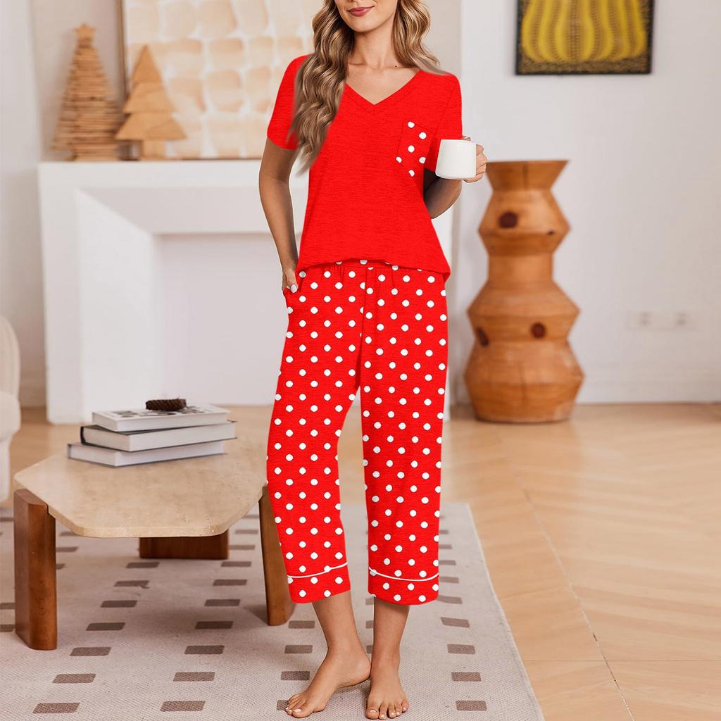 Women's Casual Loungewear Set Printed Neck Short Sleeve T-Shirt and Pants