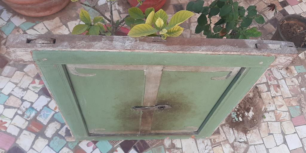 Antique Hand-Painted Wooden Window Jharokha: Rustic Green Wall Decor