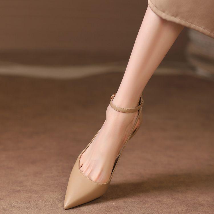 Nude high heels women's stiletto 2025 spring new hollow temperament celebrity French one-word buckle with pointed single shoes