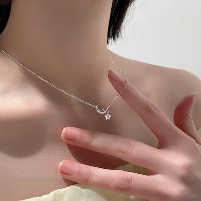 Zircon Moon Star Necklace Female Smart Symphony Moonstone Pentagram Pendant Light Luxury Star Moon Collarbone Chain