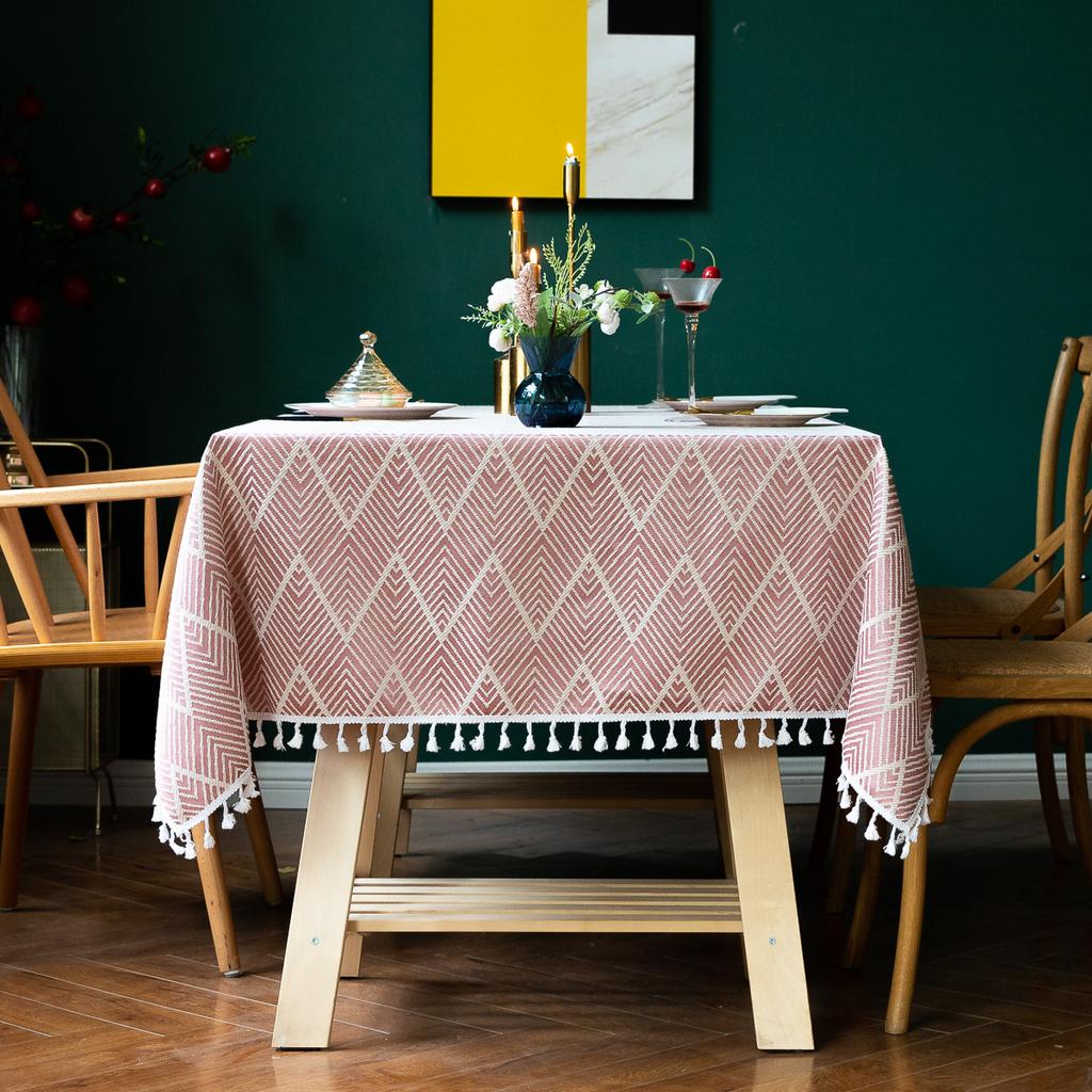Living Room Party Decoration Wave Jacquard Wrinkle Resistant Washable Rectangle Table Cloths with Tassels