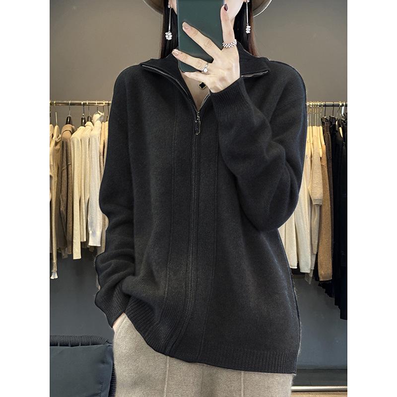 High Neck Warm Zipper Knit Cardigan - Women's Fashion, Age-Reducing Lazy Style, Autumn/Winter Outerwear