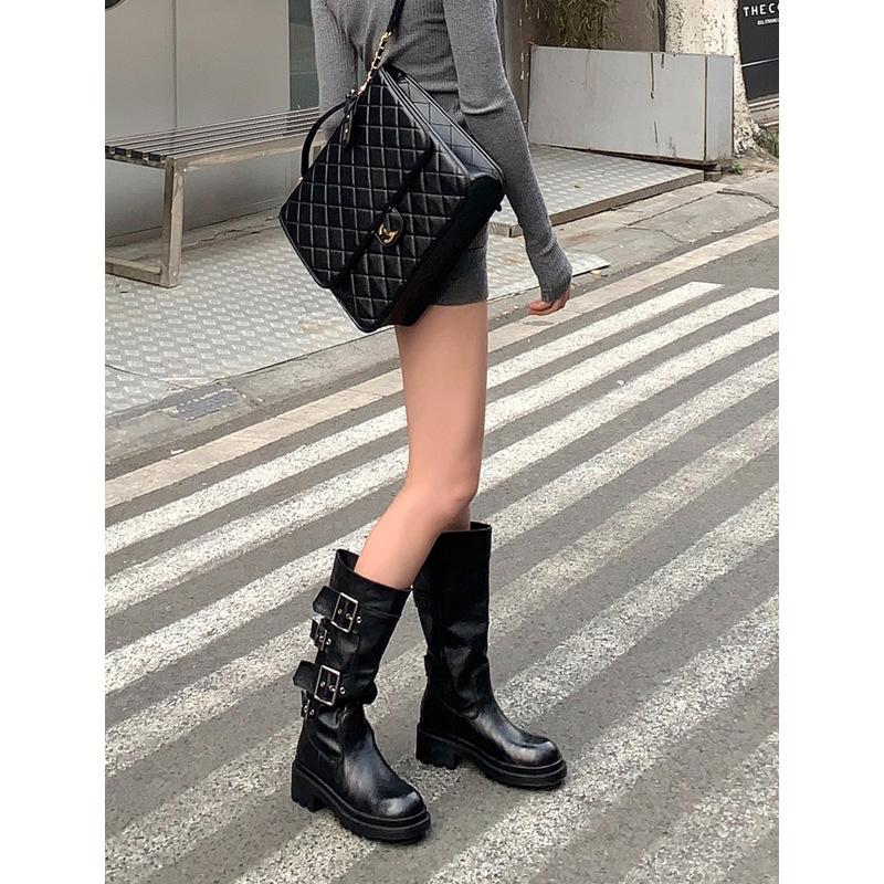 Cowhide version~ Showing legs, thin belt buckle, thick-soled medium tube knight boots for women's 2025 autumn new cool and handsome thick-heeled loc