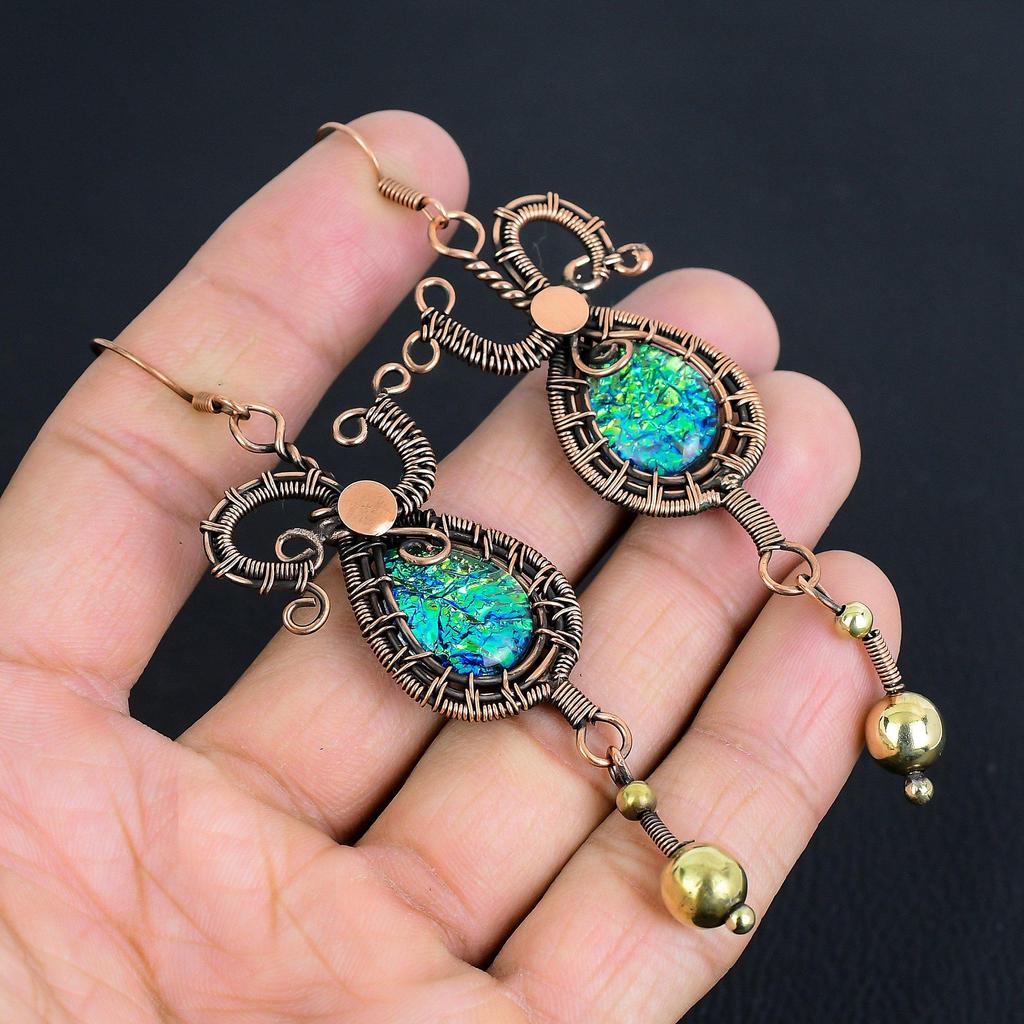Australian Triplet Opal Earrings, 999 Copper Wire Wrapped Earrings, Handmade Gemstone Jewelry Earrings For Memorial Day
