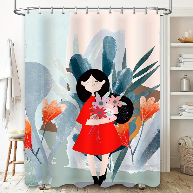 Modern Home Decor Shower Curtain With Floral Design Featuring A Cute Girl Holding Flowers Blue White Floral Print Easy Installat