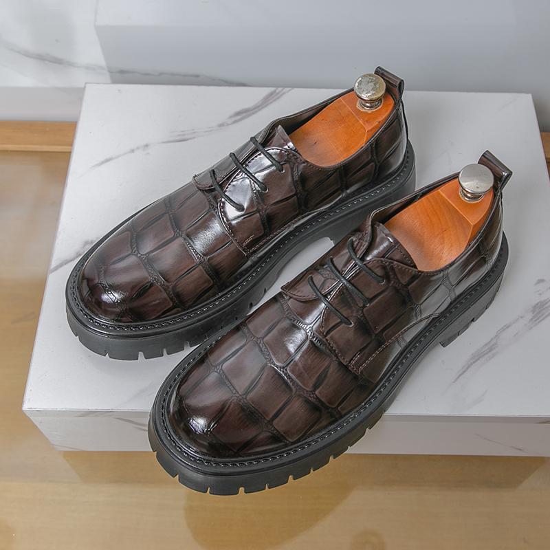 Fashion Retro Checkered Derby Shoes Man Platform Leather Casual Shoes For Men Big Size Lace Up Thick Bottom Heightening Business Shoes