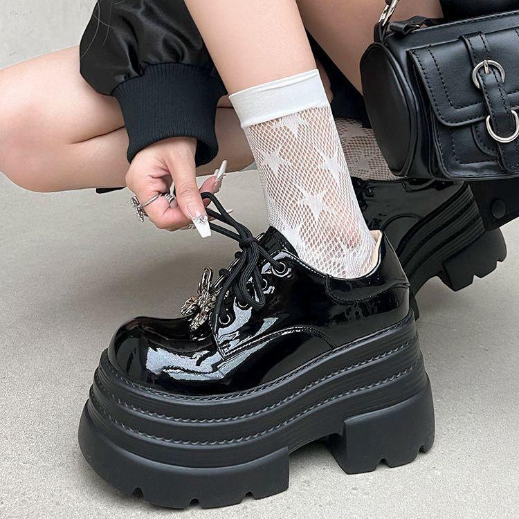 

Супер высокий каблук платформа маффин туфли белые одинарные туфли женские маленькие увеличивающие рост лоферы британские шнуровка маленькие кожаные туфли 40 белый