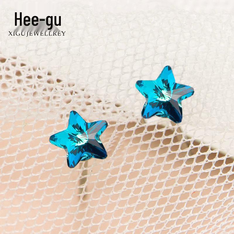 E0195 S925 Sterling Silver Star Stud Earrings with Blue Diamond - Korean Style for Women Five-Pointed Star Earrings
