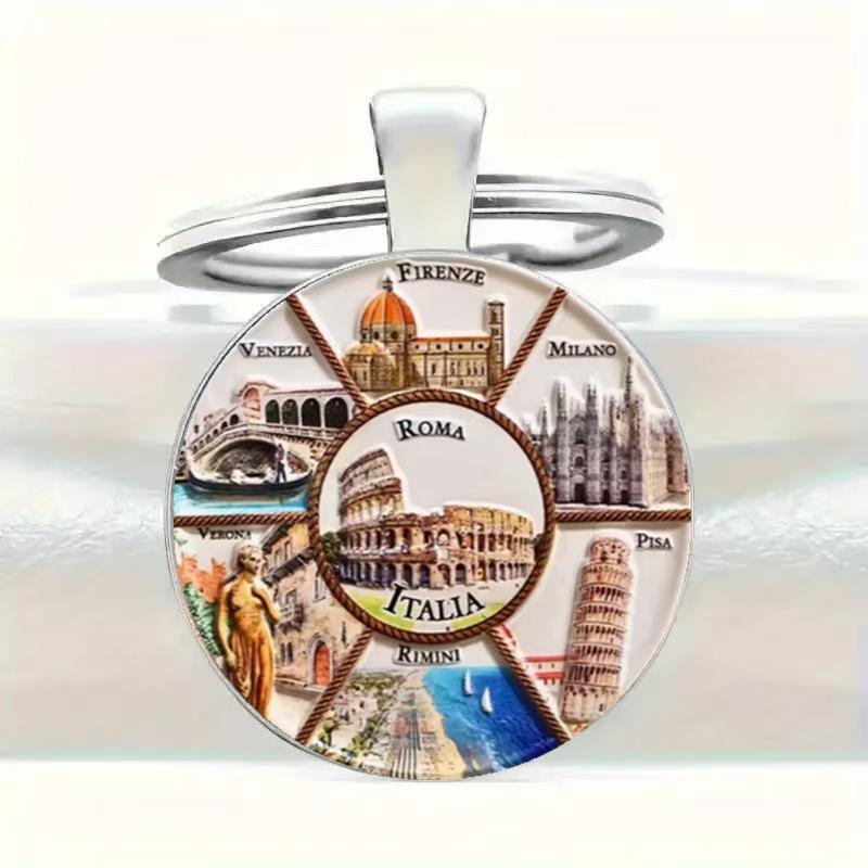 

Fashion Alloy Keychain Pendant Round Metal Key Ring Italian Landmarks Design Durable Lightweight Accessory for Keys and Bags One Size
