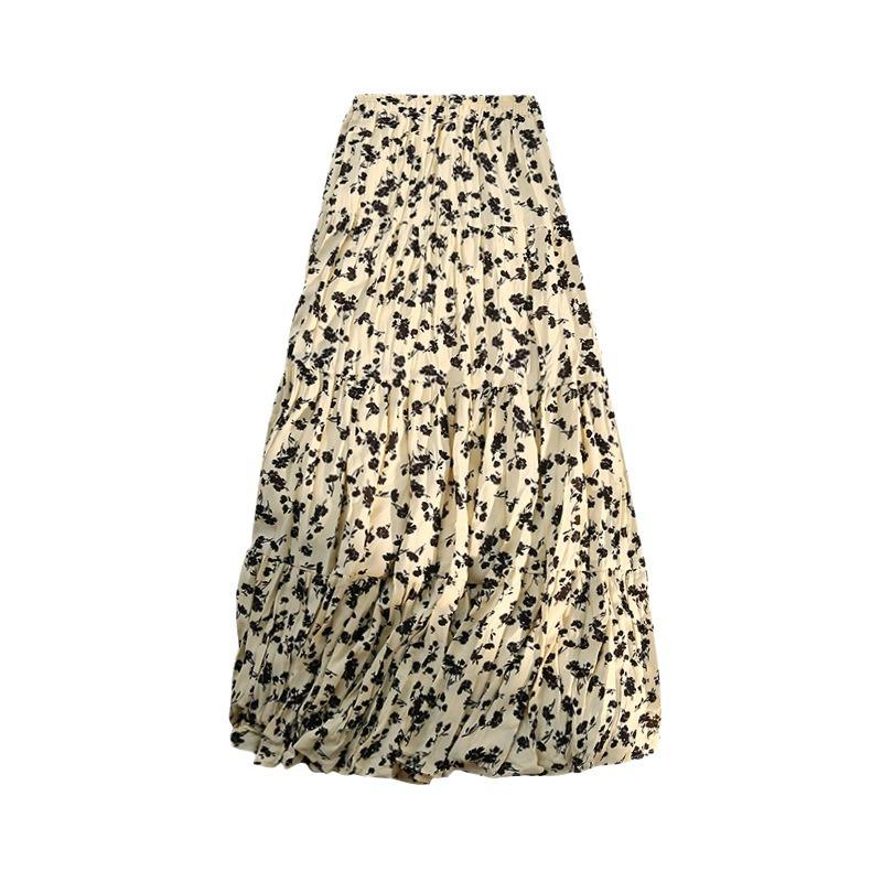 Spring 2024 Vintage Floral Pleated Midi Skirt for Women - High Waist, Draped, Trendy, Gentle Spring/Summer Mid-Length Skirt.