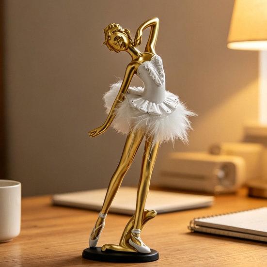 Resin Ballet Girl Figurine,  Modern Ballerina Dancer Statue with Feather Skirt, Gold Silver Metal Line Art Ornament, Cute Desktop Accessories for