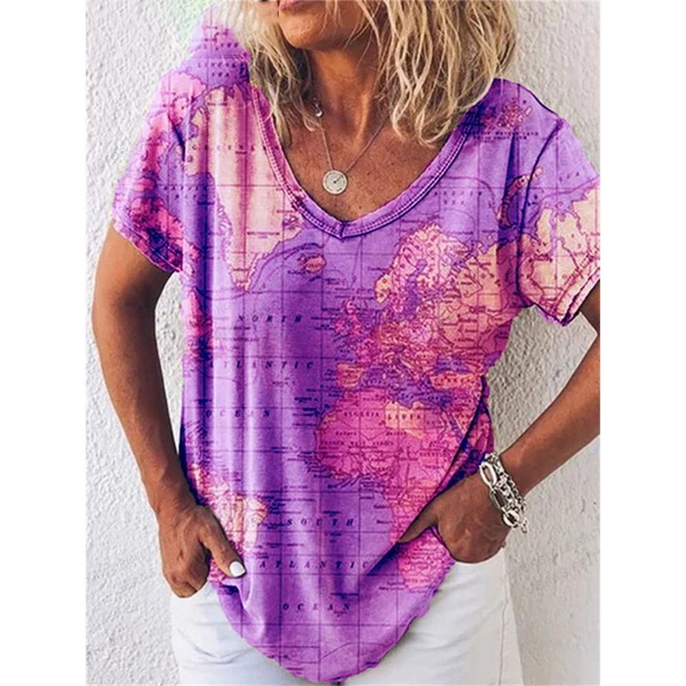 Women's T Shirt Map 3d Print T-shirt Women Fashion V-Neck T-shirts Short Sleeve Tops Tees Loose Tshirt Luxury Tshirt Casual