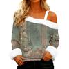 Women's Off-the-shoulder Plush Neck Printed Long-sleeved Pullover T-shirt Top