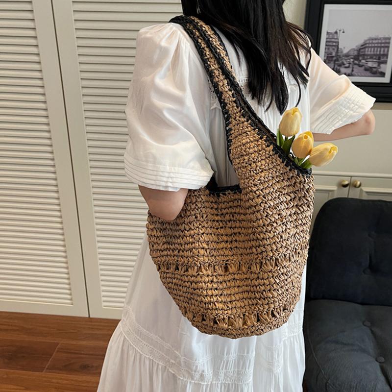 Yogodlns Straw Tote Bag Large Capacity Straw Bag For Women Woven Fashion Handmade Boho Shoulder Bag High-end Seaside Vacation Beach Bag