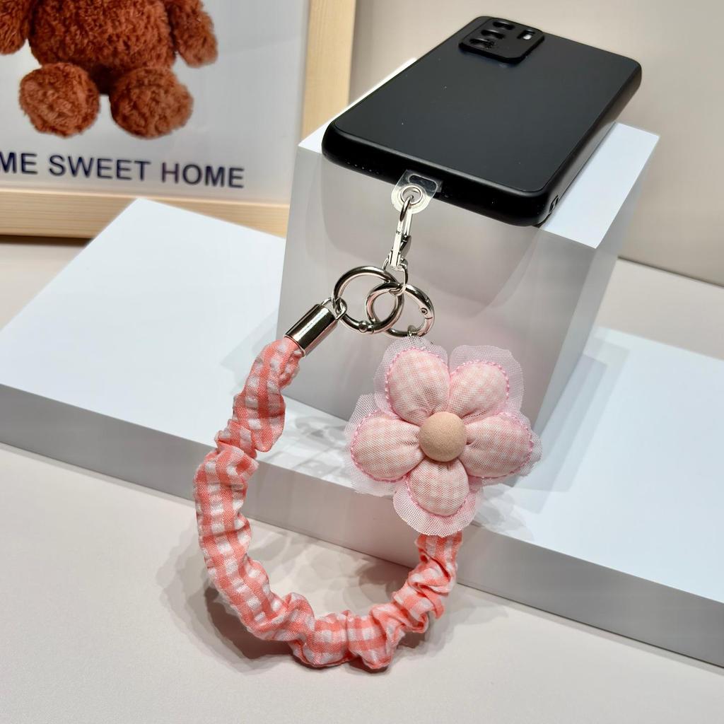 Plaid Fabric Phone Wrist Strap & Keychain with Elastic Hair Tie