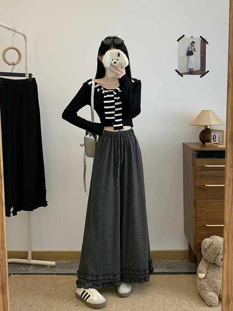 

Plus Size Women s Ruffle Edge Elastic Waist Wide-Leg Cropped Pants 2XL