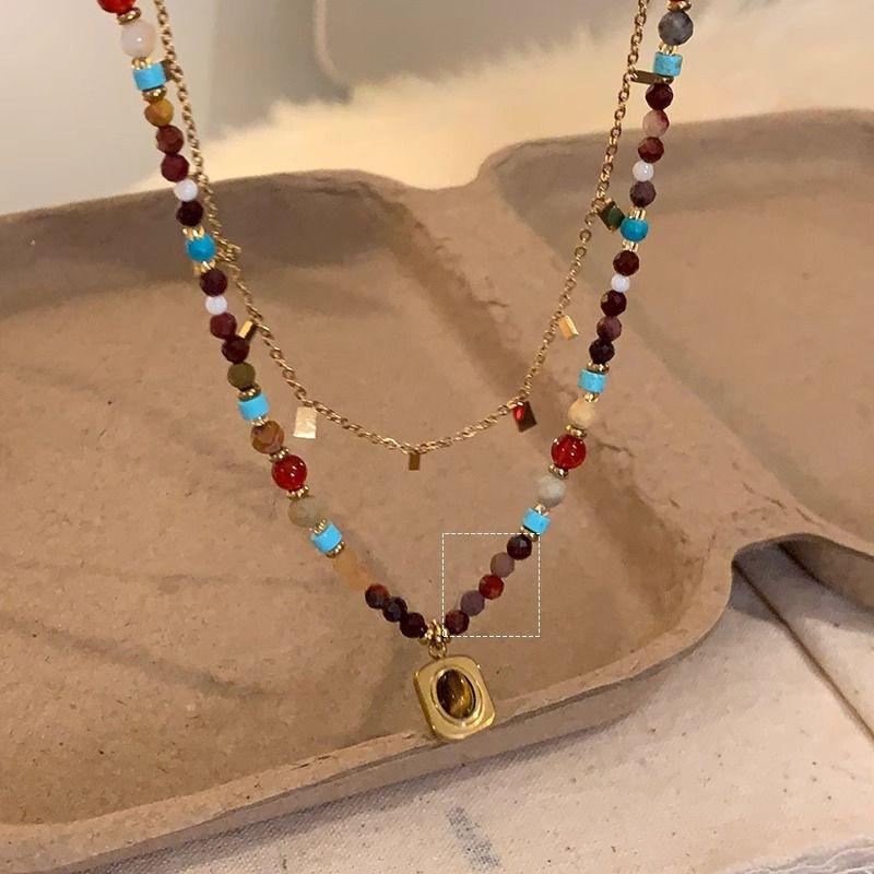 French retro sugar cube colored beaded tiger's eye stone necklace sweet and cool accessories women's exquisite versatile collarbone chain ethnic style
