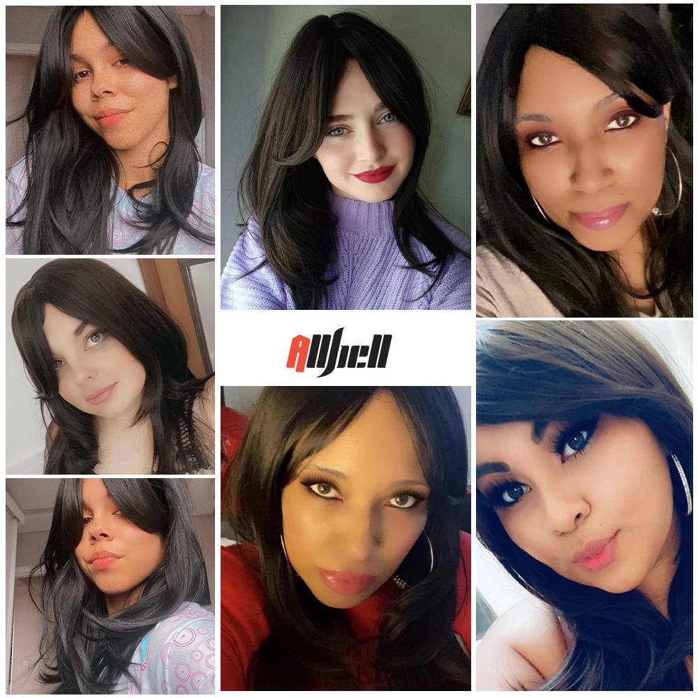 Schwarze lange synthetische Perücken mit Pony, geschichtete, glatte Perücken, hitzebeständig für schwarze Frauen, Afro-Party, Cosplay, natürliche weibliche Perücke