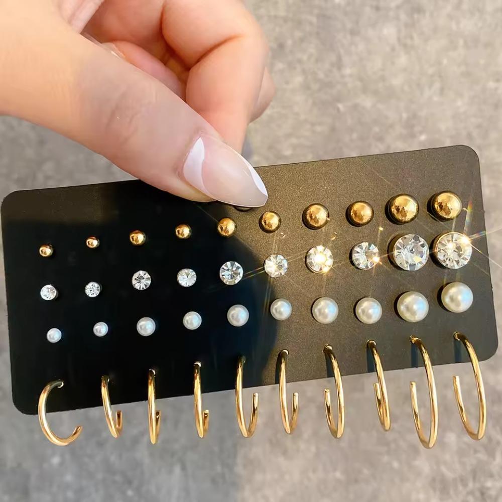 Pearl 20 Pairs Per Set Fashion Classic Simple Small Stud Earrings for Women Girls Gold Color Crystal Rhinestone Earring Jewelry