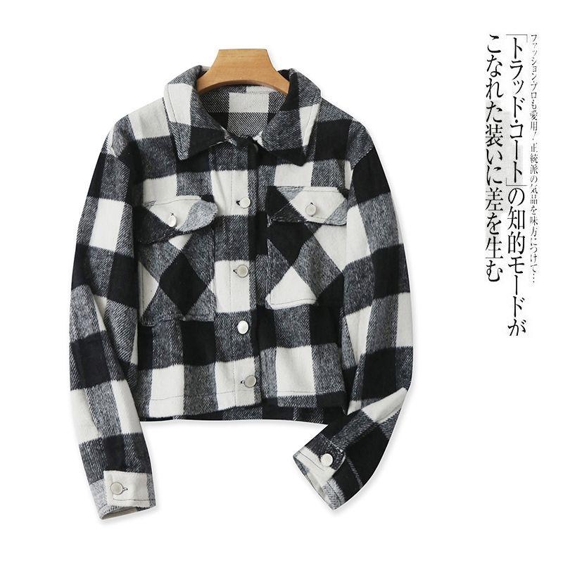 

Short Thin Tweed Outwear Spring & Fall New Arrival Foreign Trade Women s Clothing Lapel Single Breasted Long Sleeves Color-Contrast Check Tops 28416 Black and White A- 5-8-1 L