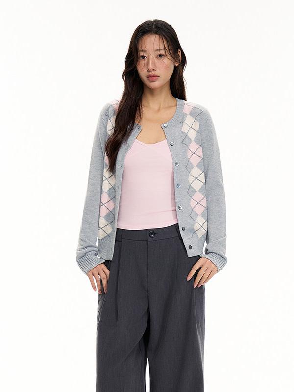 Women's Early Autumn College-Style Knit Cardigan - Color Block Diamond Pattern