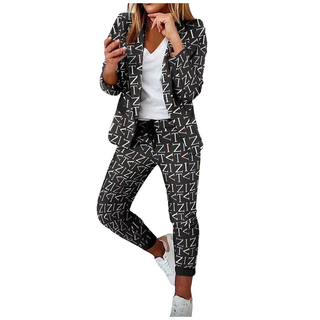 Women 2 Pieces Elegant Slim Fit Jacket Formal Work Pant Lapel Coat Set