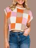 Women's Color Block Cropped Knit Top Cap Sleeve Crew Neck Summer Short Sweater