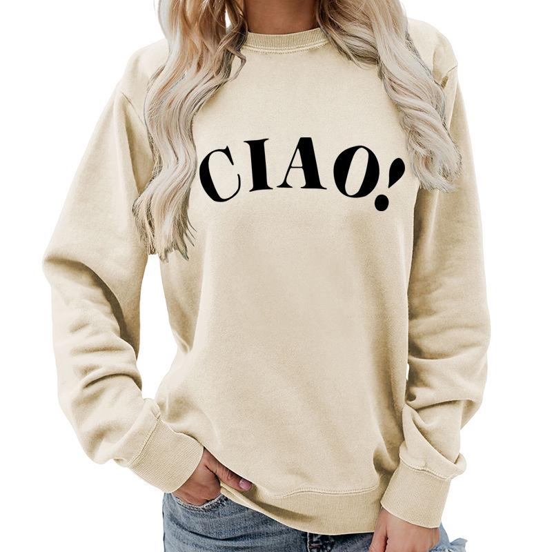 Ciao Print Round Neck Long Sleeve Plus Size Women's Hoodie - EU Size, Casual & Loose Fit