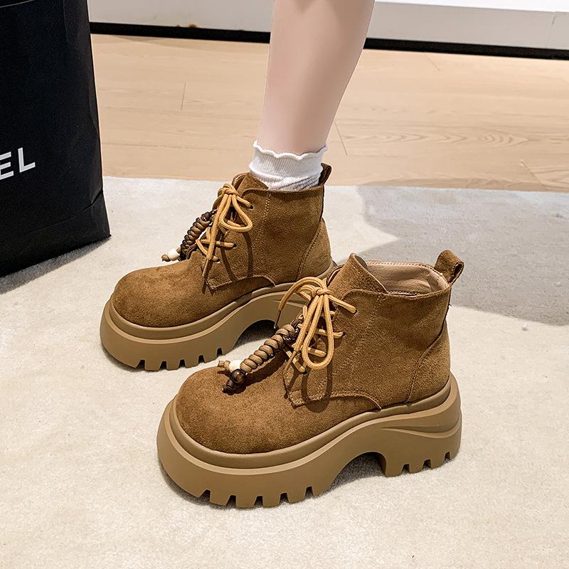 Retro beaded round head short boots autumn new fashion Martin boots women's small height-increasing thick-soled boots women