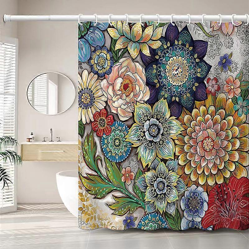 Dww-180 X 200cm Shower Curtain with 12 Hooks, Quick Drying (Flowers), Waterproof Polyester Fabric, Machine Washable, Bathroom Curtains