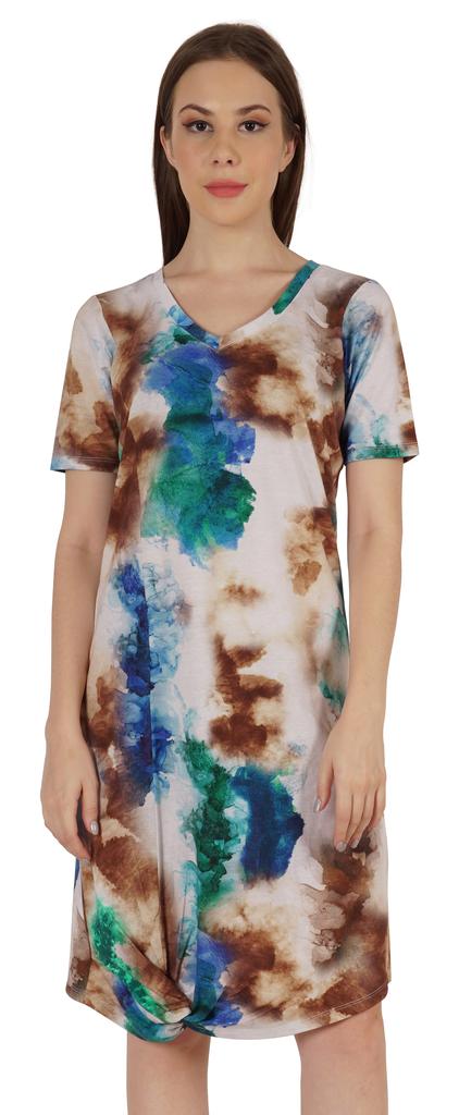 Moomaya Cotton Jersey Printed Midi Dress For Women V-Neck Summer Short Sleeves Knee Length