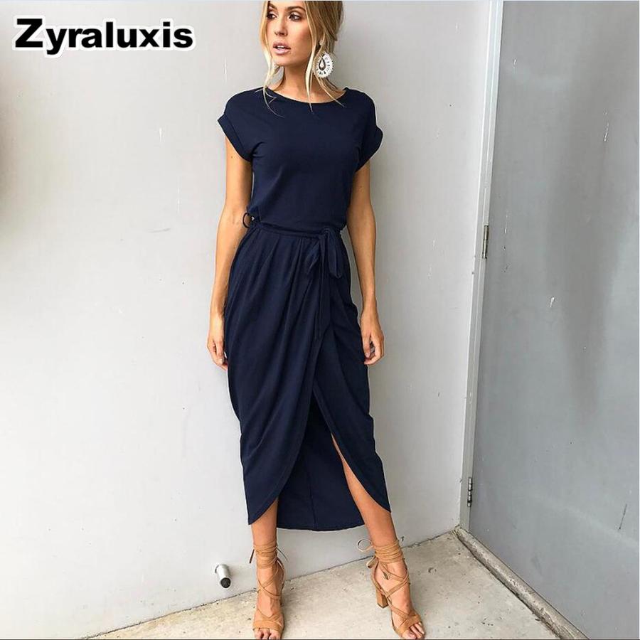 Summer/Autumn Season 6 Color 7 Size Fashion Short Sleeve Open Front Asymmetrical Hemline Slim Fit Dress