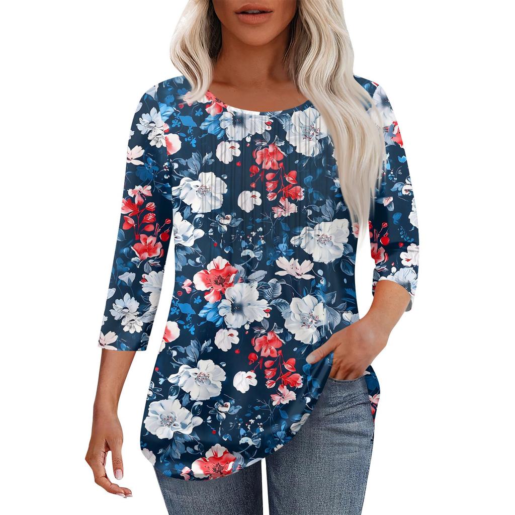 Women's Fashionable Casual Pleated Round Neck Casual Floral Print Seven Quarter Sleeved T-shirt Top