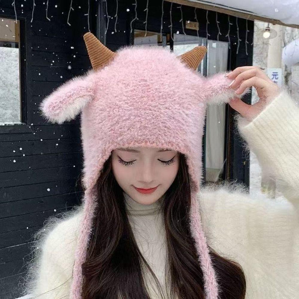Fleece Lined Earflap Cap Plush Sheep Horn Hat Cute Trapper Hat Daily Outing