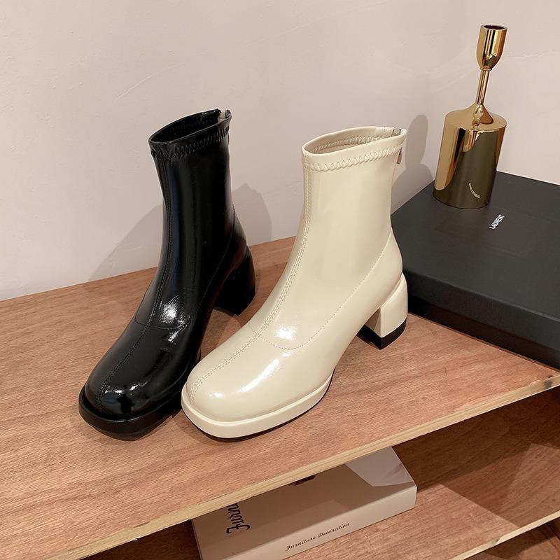 Waterproof Table High-heeled Short Boots Women's Autumn and Winter Thin Boots Thick Heel Zipper Elastic Beige Martin Boots
