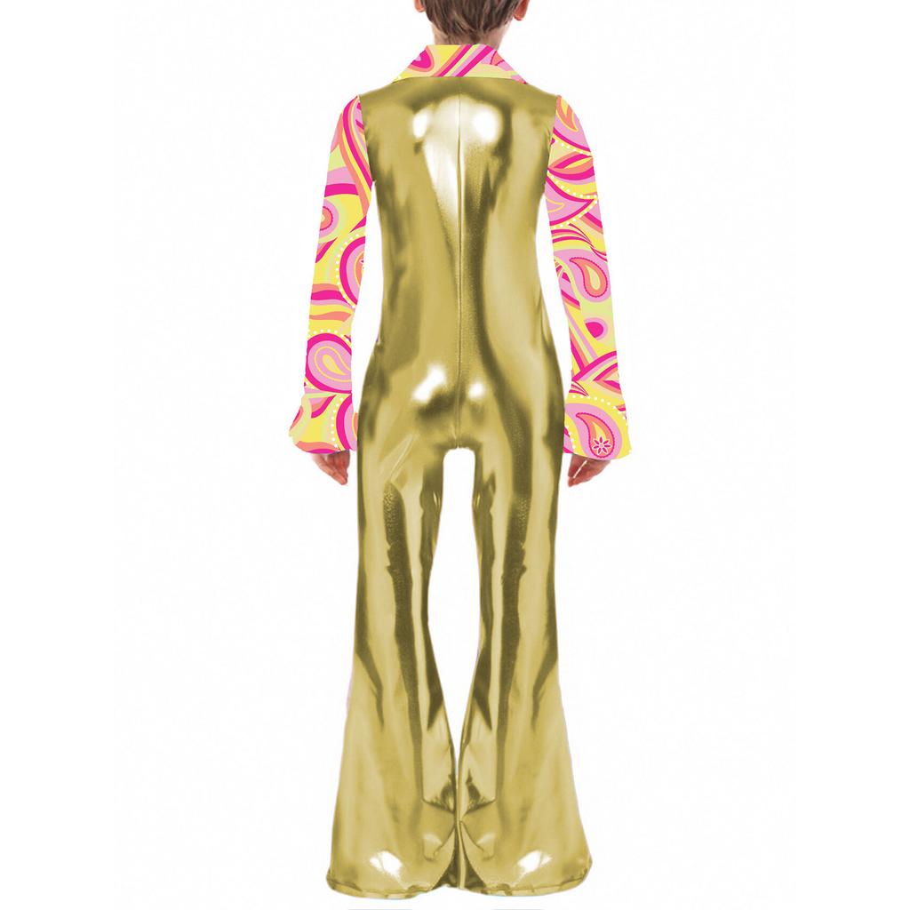 Boys Disco Costume Patchwork Printed Design Shiny Metallic Lapel Collar Long Flare Sleeve Bell Bottomed Pants Jumpsuit