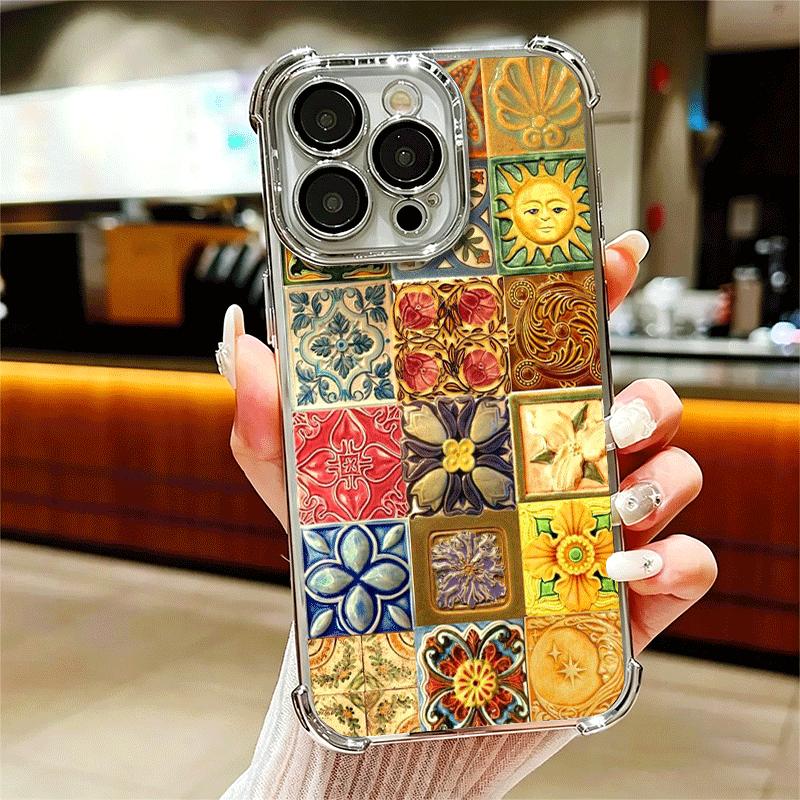 Italian Sicilian Style Floral Pattern Plating Phone Case For Iphone 16 17 Pro Max Air 16E 14 15 Plus 12 13 Mini Anti-Fall Airaba